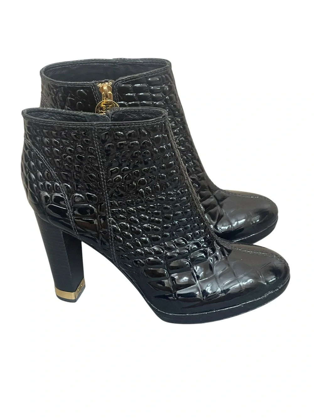 Tory Burch Leigh Black Croc-Embossed Patent Leather Ankle Boots Size 8M